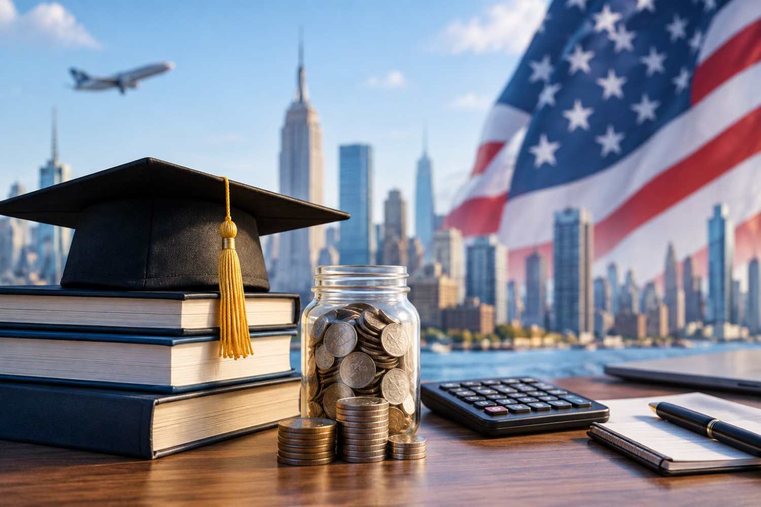 Affordable MBA colleges in USA represented by a graduation cap, books, coins and a university campus showing lower-cost study options.